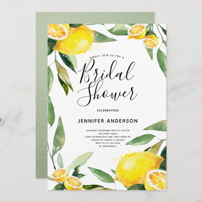 Convites Chá de panela de Limão Boho Watercolor (Frente/Verso)