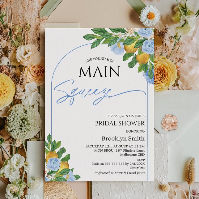 Convites Chá de panela de limão com arco floral azul modern (Lemon Bridal Shower Invitation Template, Blue Floral Lemon Bridal Shower, She Found Her Main Squeeze)