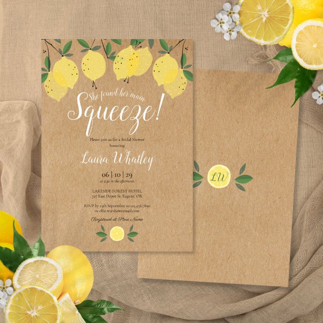 Convites Chá de panela de Limão de Aperto Principal (Main Squeeze Lemon Bridal Shower Rustic Invitation)