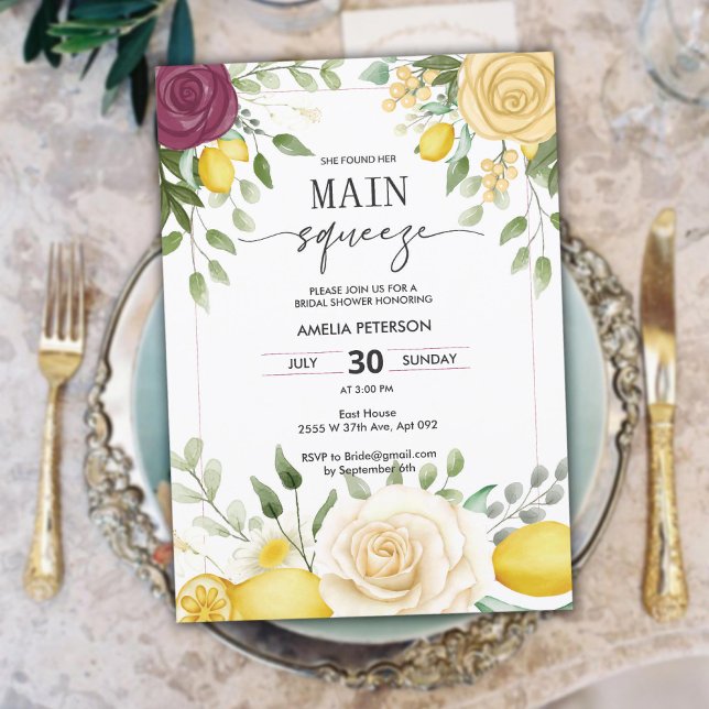 Convites Chá de panela de Limão de Aquarela Amarelo - Compr (Yellow Watercolor Lemon Bridal Shower Main Squeeze Invitation)