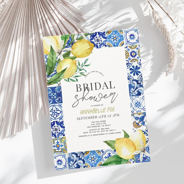 Convites Chá de panela de limão de Azulejo azul mediterrâni (Criador carregado)