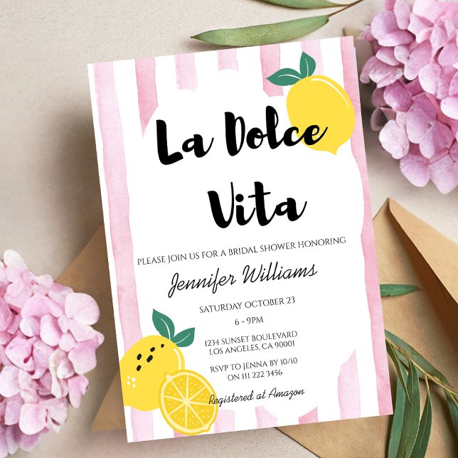 Convites Chá de panela de limão italiano Dolce Vita Doodle  (Italian Lemon Bridal Shower Pink Dolce Vita Doodle Invitation)