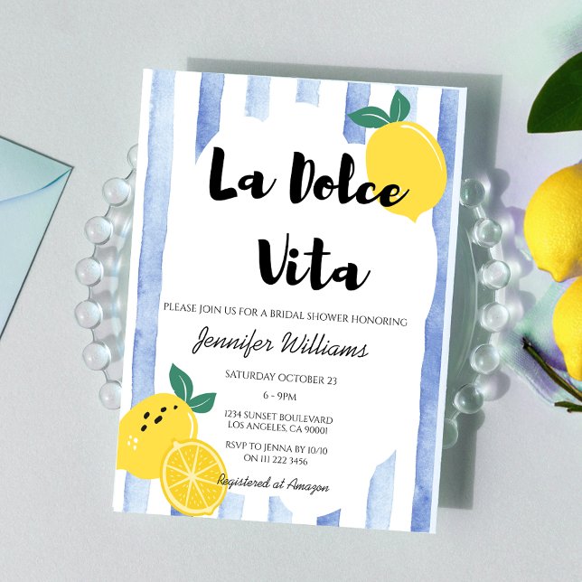Convites Chá de panela de limão italiano Dolce Vita Doodle  (Italian Lemon Bridal Shower Blue Dolce Vita Doodle Invitation)