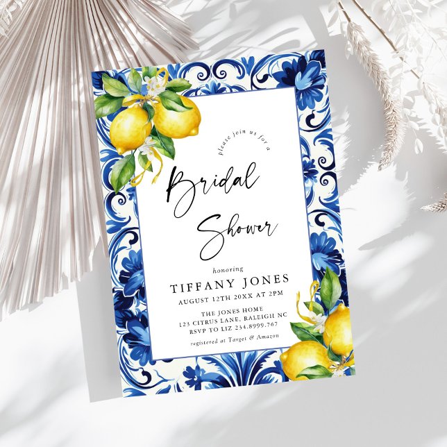 Convites Chá de panela de limões Azulejos azuis do Mediterr (Criador carregado)