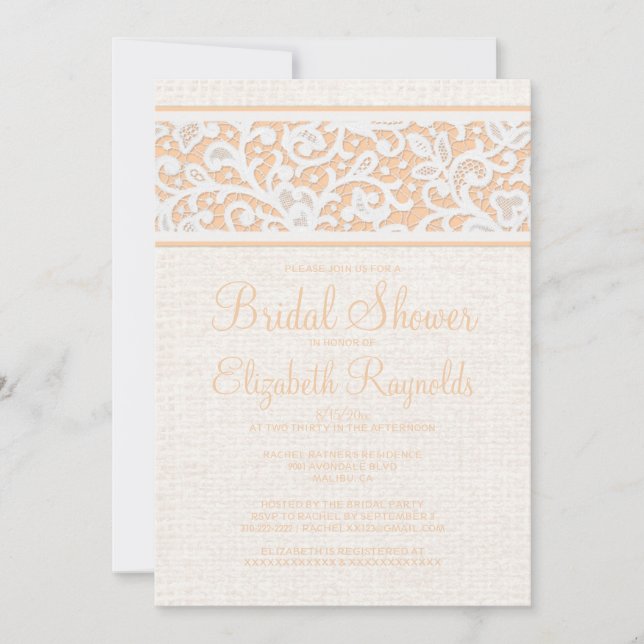 Convites Chá de panela de Linen Burlap Russo Peach (Frente)