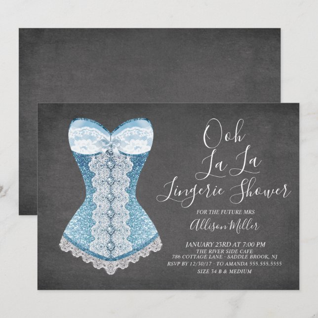 Convites Chá de panela de Lingerie do Corset Azul (Frente/Verso)