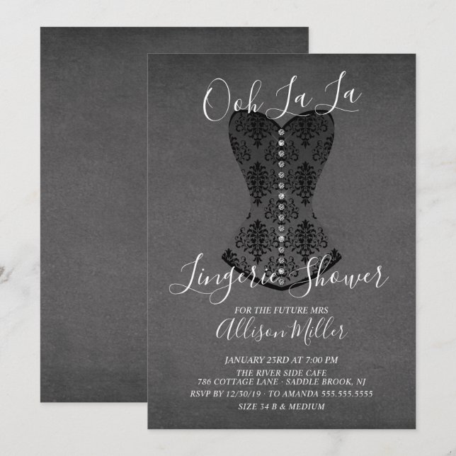 Convites Chá de panela de Lingerie do Corset Preto (Frente/Verso)