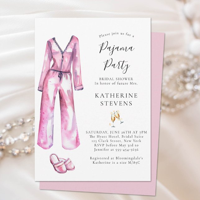 Convites Chá de panela de Lingerie PJ do Partido Pajama (pajama party bridal shower invitation watercolor pj slippers champagne elegant pink lingerie classy)
