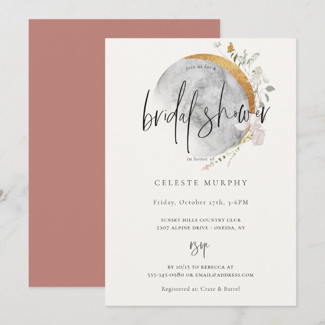 Convites Chá de panela de Lua de Flor Selvagem (Frente/Verso)