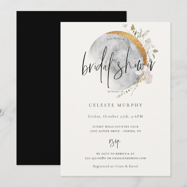 Convites Chá de panela de Lua de Flor Selvagem (Frente/Verso)