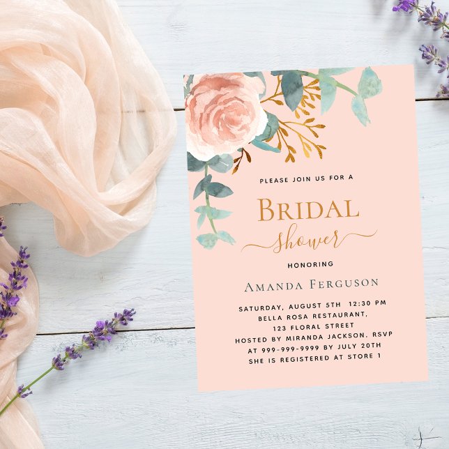 Convites Chá de panela de luxo de pêssego rosa dourado (Criador carregado)