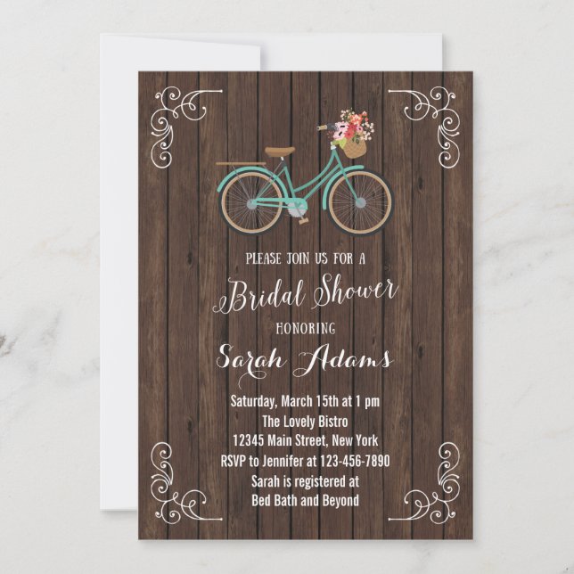 Convites Chá de panela de madeira de bicicleta (Frente)