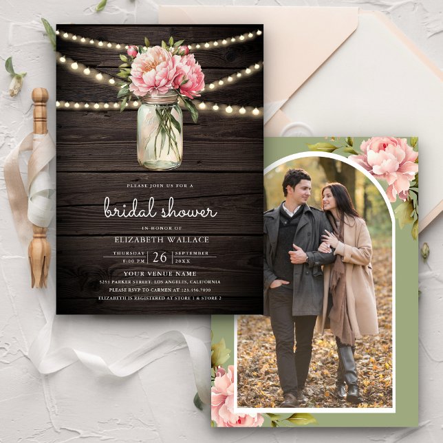 Convites Chá de panela de madeira de Mason Jar Floral Rosa (Criador carregado)