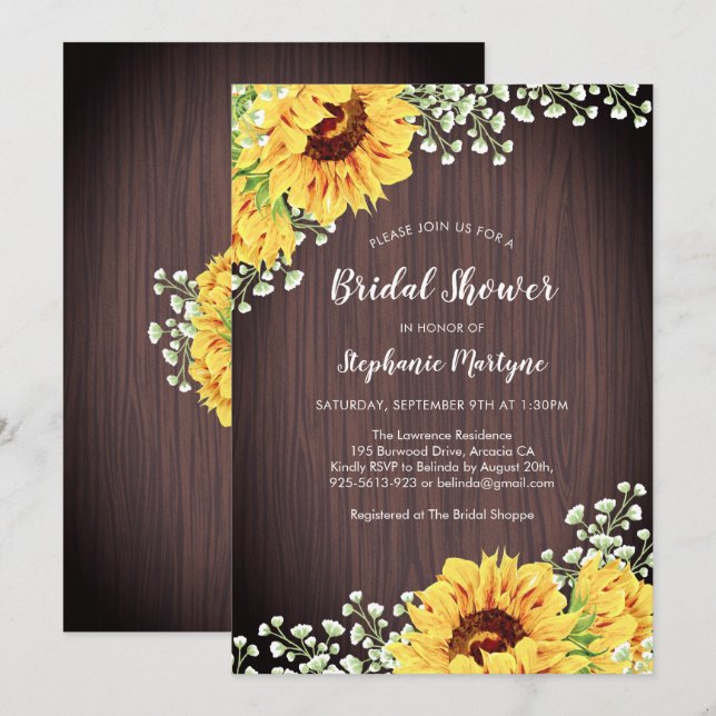 Convites Chá de panela de Madeira Floral Branca de Girassol (Frente/Verso)