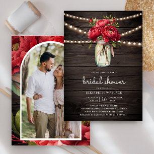 Convites Chá de panela de madeira Red Peony Floral Mason Ja