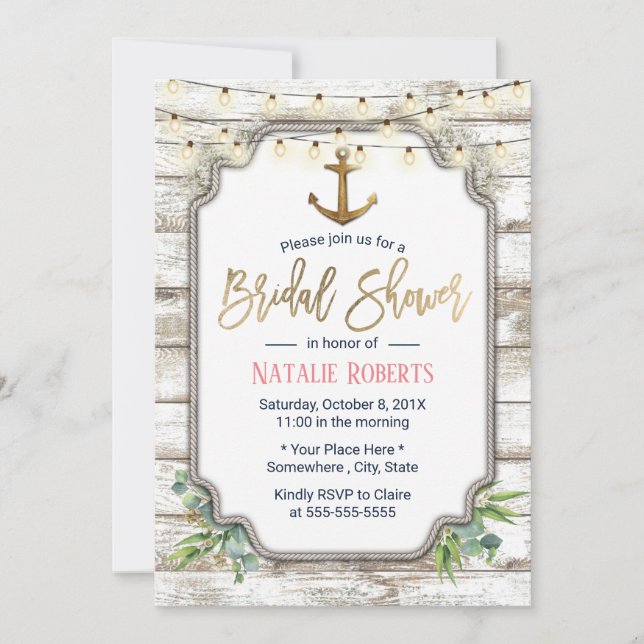 Convites Chá de panela de madeira russa com âncora Dourada  (Frente)