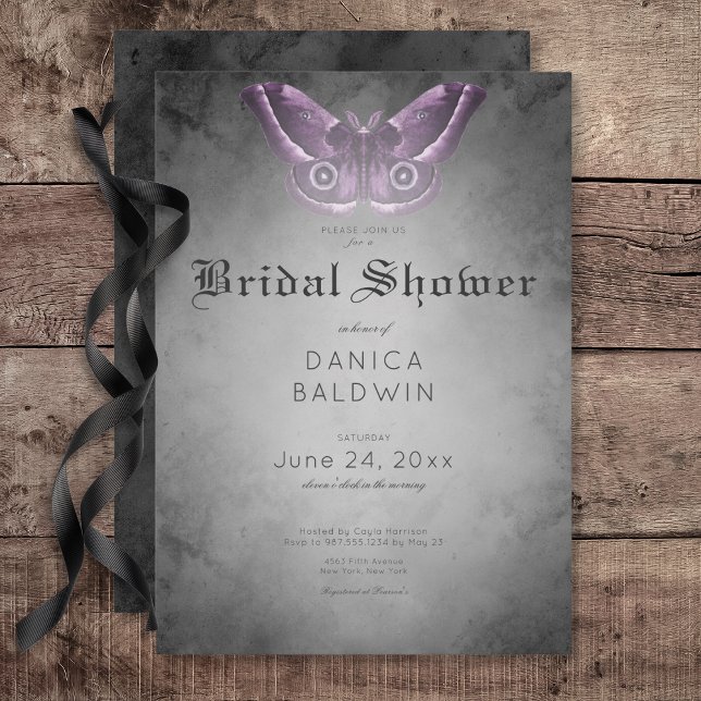 Convites Chá de panela de Mama Roxo Preto Gótico (Gothic Black Watercolor Purple Moth Bridal Shower Invitation)