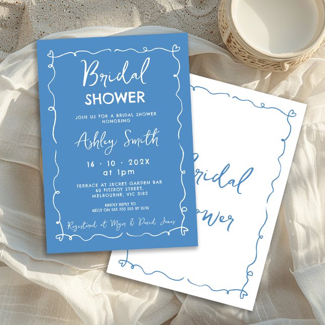 Convites Chá de panela De Mão Azul Whimsical (Whimsical Blue Hand Drawn Bridal Shower Invitation, Doodle, White on Blue, Whimsical Bridal Shower)