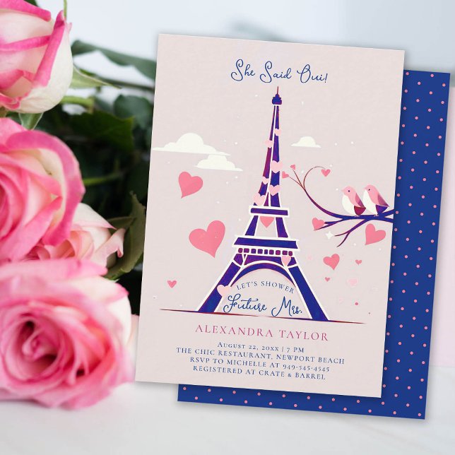 Convites Chá de panela de Marinho de Corações Rosa de Paris (paris bridal shower invitation theme navy pink eiffel hearts lovebirds she said oui elegant modern)