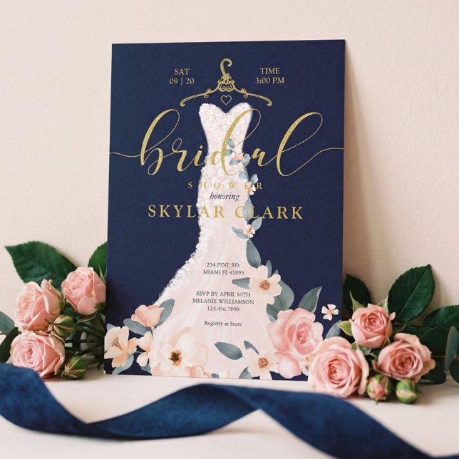 Convites Chá de panela de Marinho de Vestido de Casamento F (Floral Wedding Dress Navy Bridal Shower Invitation)