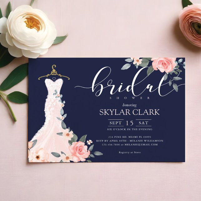 Convites Chá de panela de Marinho de Vestido Floral (Floral Wedding Dress Navy Bridal Shower Invitation)