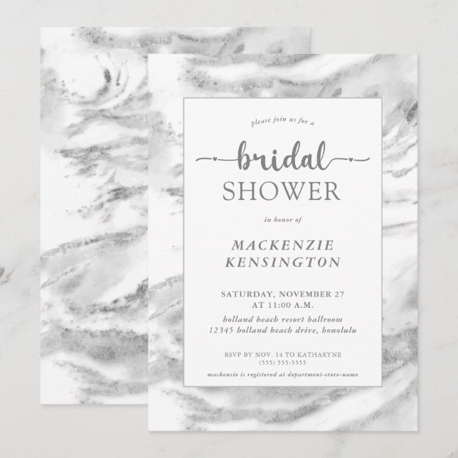 Convites Chá de panela de Mármore de folha de prata elegant (Frente/Verso)