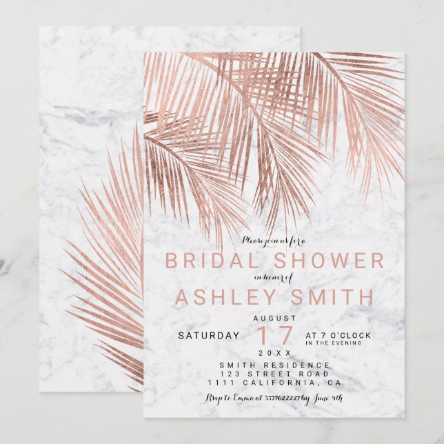 Convites Chá de panela de mármore de palmeira rosa moderno (Frente/Verso)