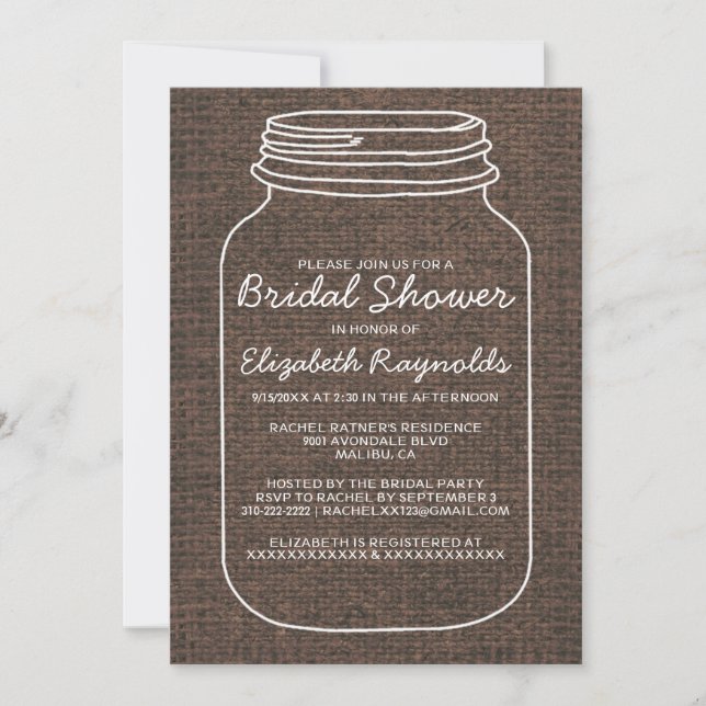 Convites Chá de panela De Mason Jar De Burlap Rustic Marrom (Frente)