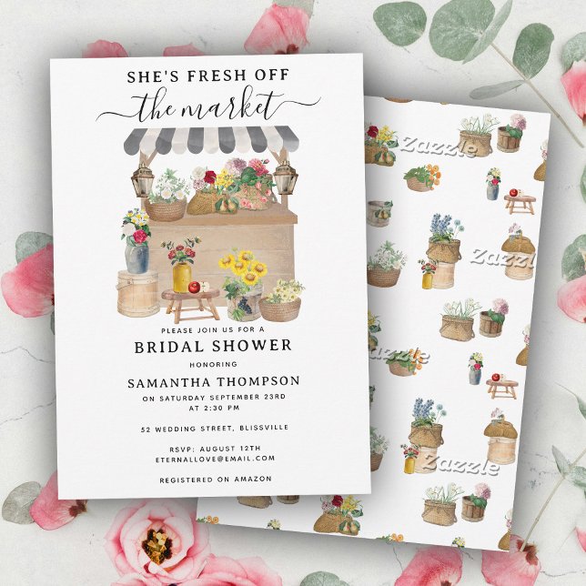 Convites Chá de panela de mercado da floração do Aquecedor (Watercolor Farmer's Flower Market Bridal Shower Invitation)