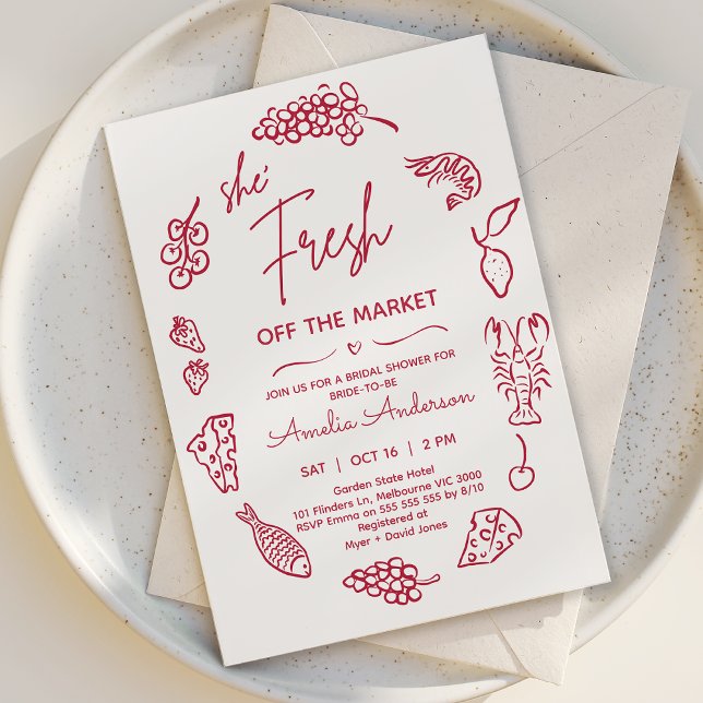 Convites Chá de panela De Mercado Do Agricultor De Desenho  (Red Fresh off the Market Bridal Shower Invitation Whimsical Market Farmers Bridal Shower Invitation )