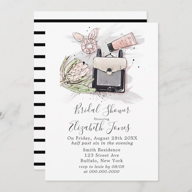 Convites Chá de panela de Moda Francês Rosa-Rosa-Preto (Frente/Verso)