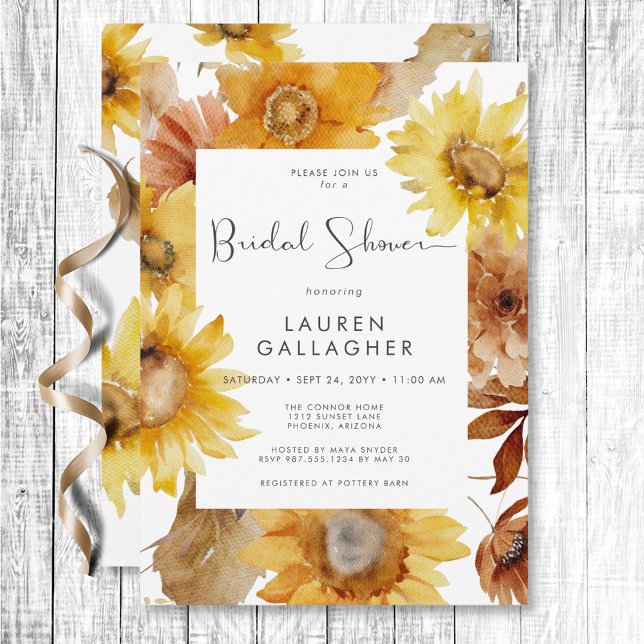 Convites Chá de panela de Mola Floral de Girassol de Queda  (Modern Fall Sunflower Floral Frame Bridal Shower Invitation)