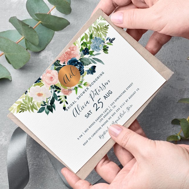 Convites chá de panela de monograma com marinho azul-água f (Criador carregado)