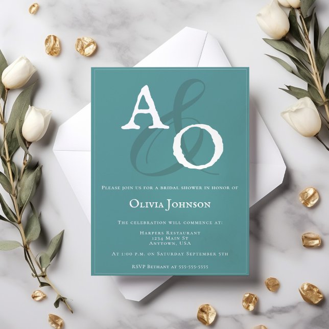 Convites Chá de panela de Monograma Minimalista Teal (Teal Minimalist Monogram Bridal Shower Invitation)