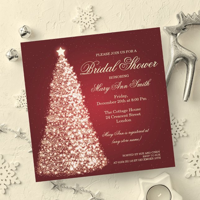 Convites Chá de panela de Natal Elegante Dourado Vermelho (Elegant Christmas Bridal Shower Gold Red Invitation)