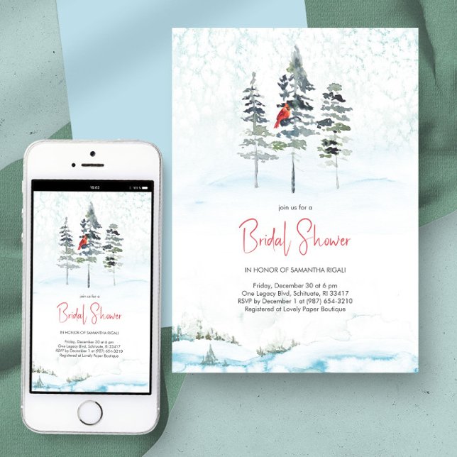Convites Chá de panela de Natal Elegante Pinheiros (Bridal shower invitations watercolor winter pine trees and snow in blue)