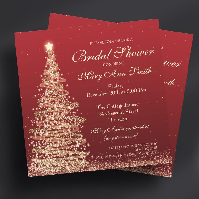 Convites Chá de panela de Natal Elegante Vermelho Dourado (Elegant Christmas Bridal Shower Red Gold Invitation)
