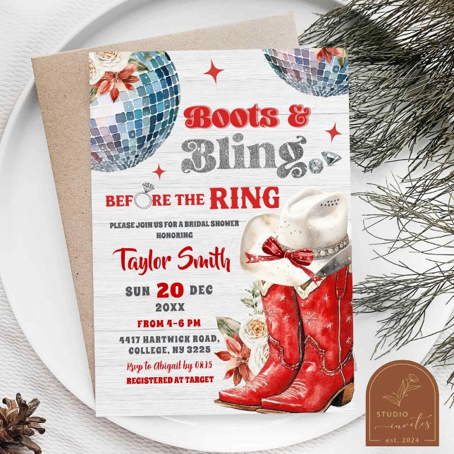 Convites Chá de panela de Natal Red Boots and Bling Disco (Criador carregado)