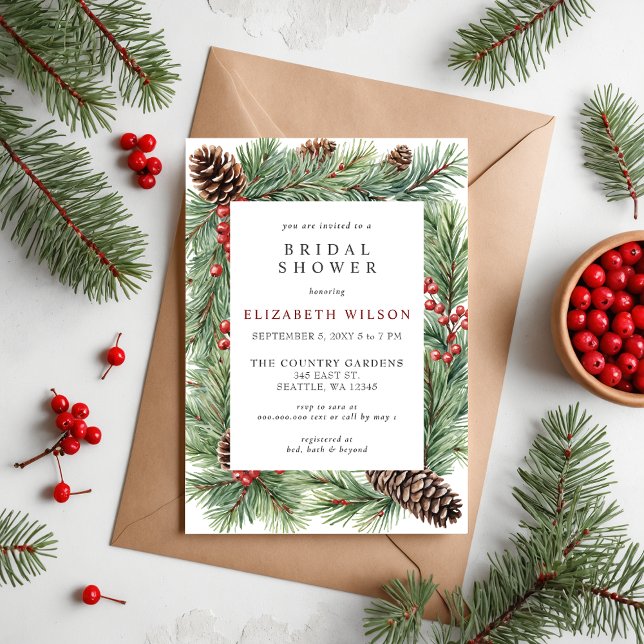 Convites Chá de panela de Natal Rustic Pine Cone Holly (Rustic Pine Cone Holly Christmas Bridal Shower Invitation)