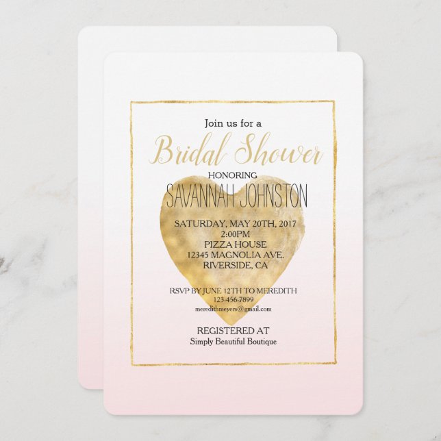 Convites Chá de panela de Ombre Rosa Dourado Blush (Frente/Verso)