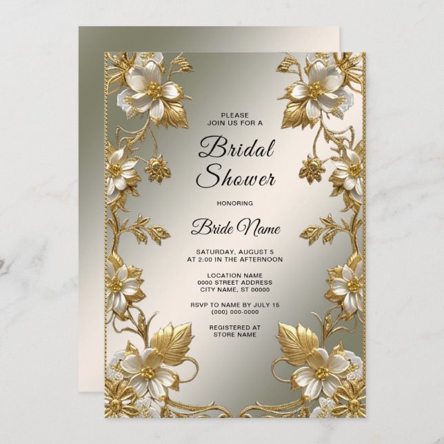 Convites Chá de panela de Ornamentado Dourado Floral Branco (Frente/Verso)