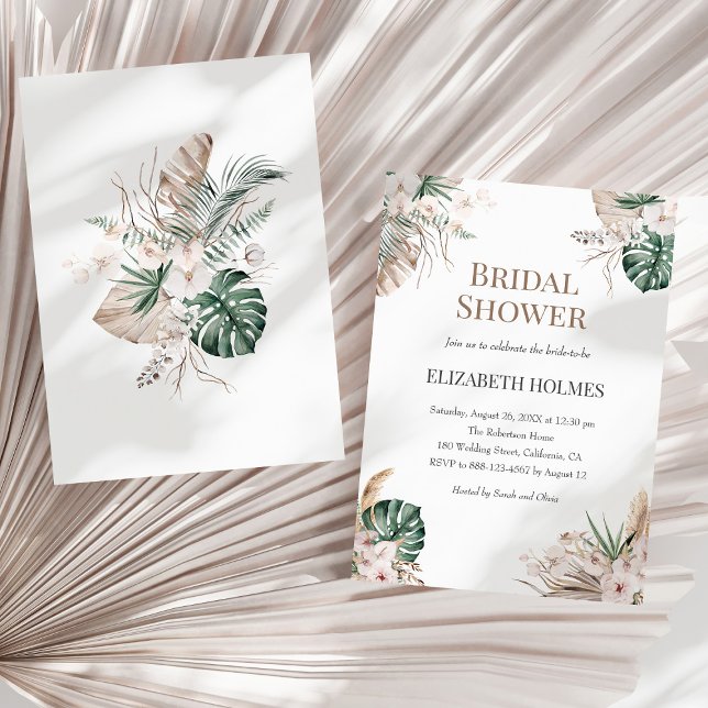 Convites Chá de panela de Orquídea Tropical Boho (Boho Tropical Orchid Bridal Shower Invitation on a sunny neutral dry palm leaf.)