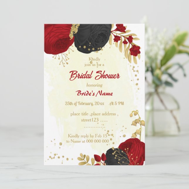 Convites chá de panela de ouro de flores vermelhas e pretas (Em pé/Frente)