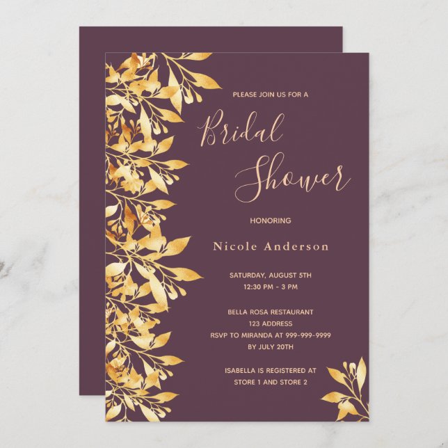 Convites Chá de panela de ouro para script de fundo roxo (Frente/Verso)