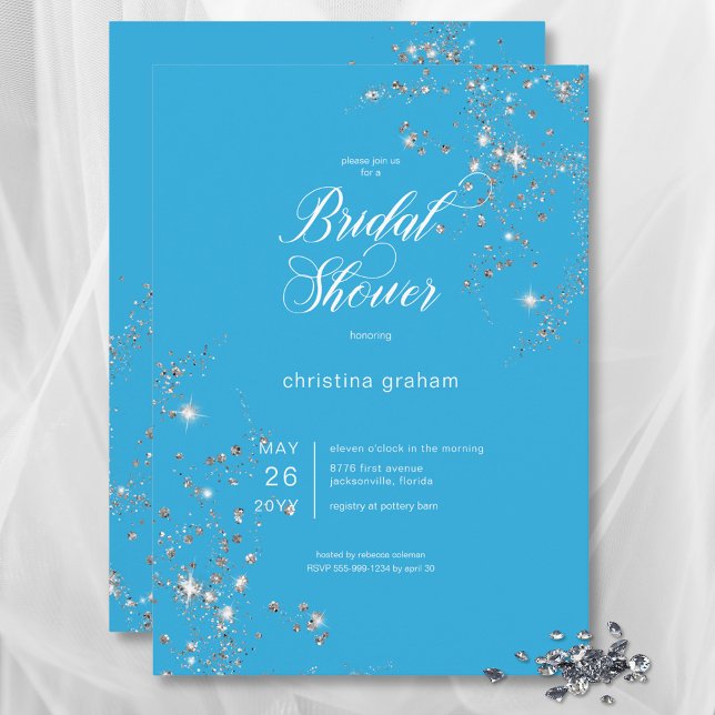 Convites Chá de panela de Ouros Azul e Branco Modernos (Modern Blue & White Glam Diamonds Bridal Shower Invitation)
