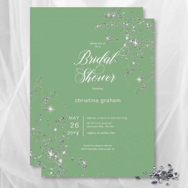 Convites Chá de panela de Ouros de Glam Verde e Branco Mode (Modern Green & White Glam Diamonds Bridal Shower Invitation)