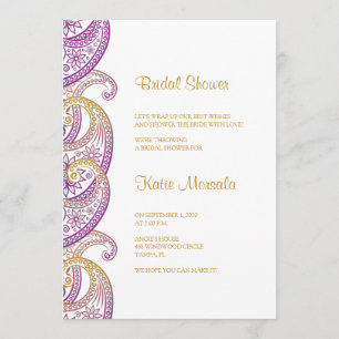 Convites Chá de panela de Paisley Dourado e roxo