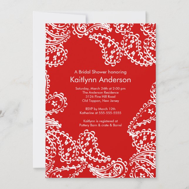 Convites Chá de panela de Paisley Vermelho Branco (Frente)