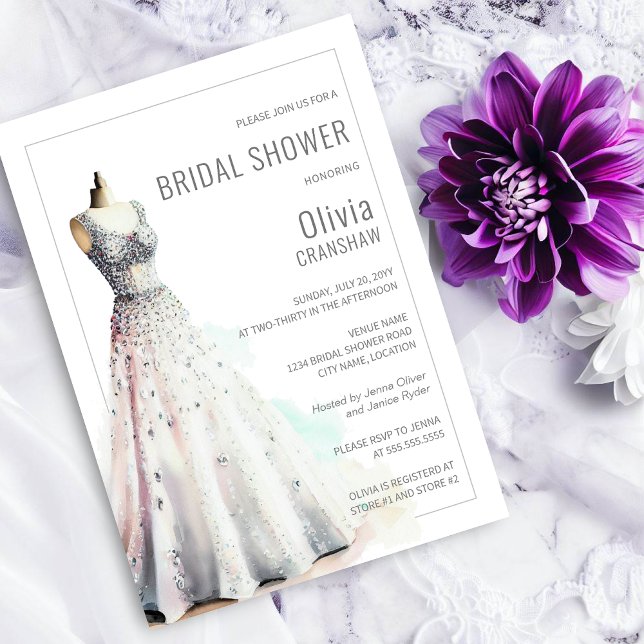 Convites Chá de panela de Palhaço Elegante (Beautiful bride to be bridal shower invitation with a beautiful, crystal encrusted wedding gown.)