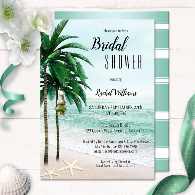 Convites Chá de panela de Palmeiras de praia tropical (Bridal shower invitation featuring a tropical beach with palm trees, parrots, a lantern and starfish)